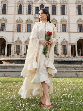 Cream High-Low Ruffle Maxi Dress with Flowing Statement Sleeves